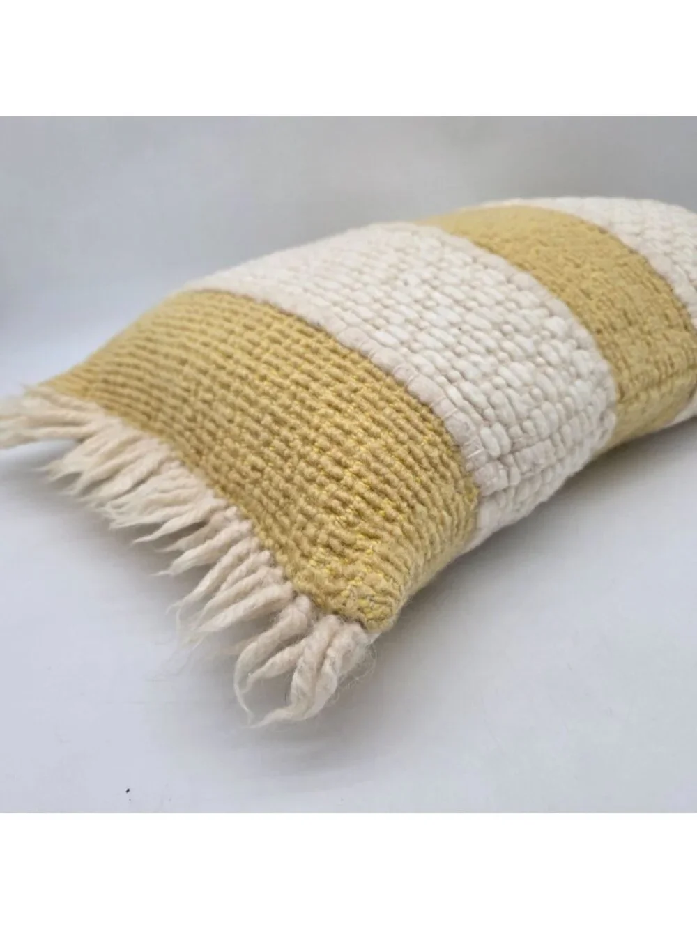 MCM 1960 Yellow & Cream Striped Woven Throw Pillow Fringe Accents 22